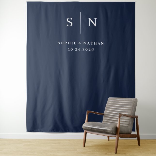 Minimal and Chic | Navy Blue with Monogram Wedding Tapestry (In Situ)
