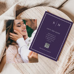 Minimal and Chic | Photo Back and QR Code Wedding Save The Date<br><div class="desc">These elegant, modern save the date cards feature a colourful dark purple and white minimalist text design, with a classic frame at the border and a spot to add your QR code where your guests can find further wedding details. Add your initials or monogram to make them completely your own,...</div>