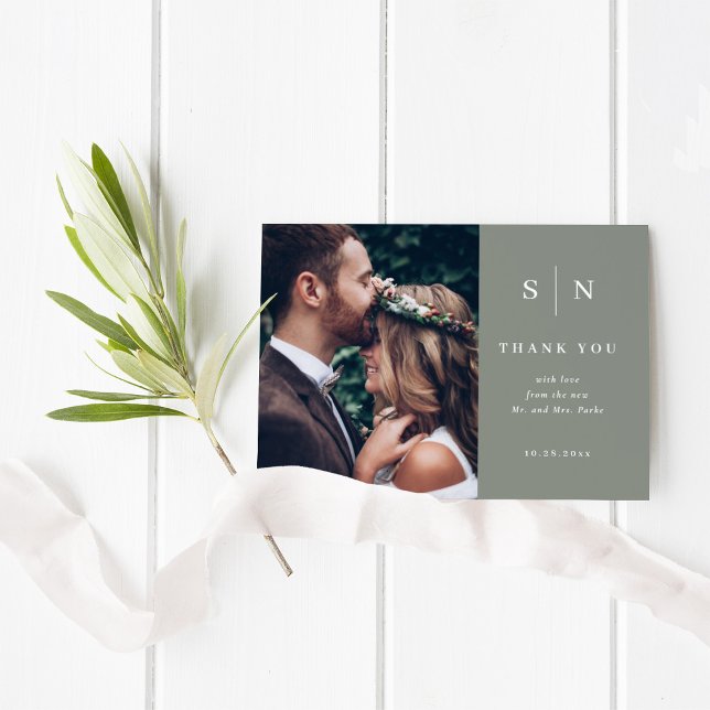 Minimal and Chic | Photo Wedding BUDGET Thank You (A stylish sage green thank you card with room for two of your favorite photos)