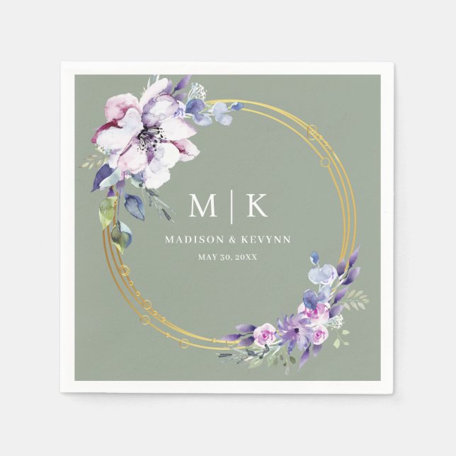 Minimal and Chic Purple Gold Sage Green | Wedding  Napkin (Front)