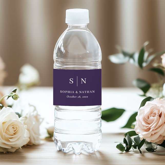 Minimal and Chic Purple | Monogram Wedding Water Bottle Label (Creator Uploaded)