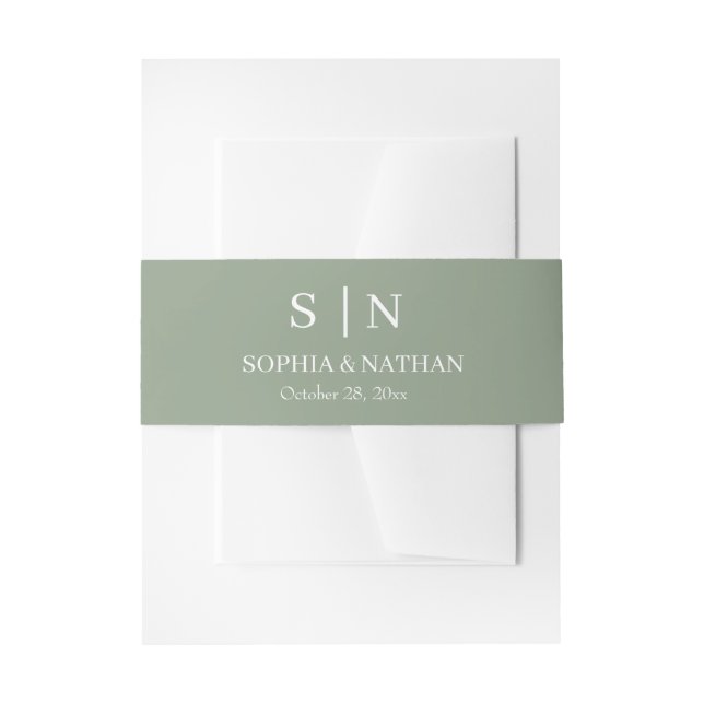 Minimal and Chic | Sage Green and White Wedding Invitation Belly Band (Front Example)