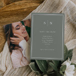 Minimal and Chic | Sage Green and White with Photo Save The Date<br><div class="desc">These elegant,  modern wedding save the date cards feature a simple sage green and white minimalist text design,  with a classic frame at the border. Add your initials or monogram to make them completely your own and add your favourite personal photo on the back.</div>