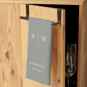Minimal and Chic   Sage Green Monogram and Date Kitchen Towel