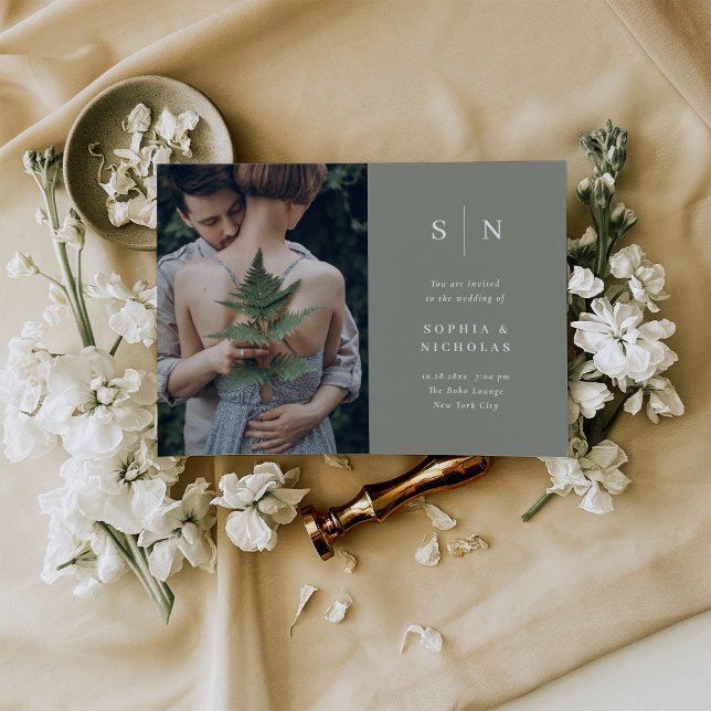 Minimal and Chic | Sage Green Photo Wedding Invitation (An elegant, sage green wedding invitation featuring a personal photo and your monogram.)