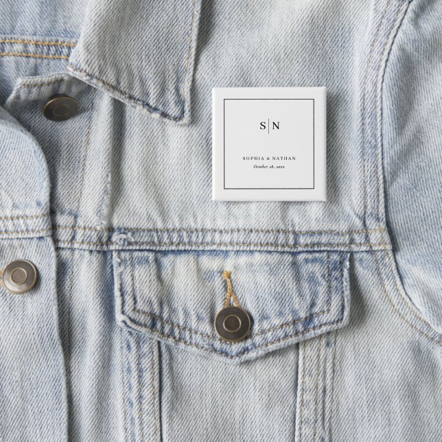 Minimal and Chic | White and Black Wedding 2 Inch Square Button (In Situ)