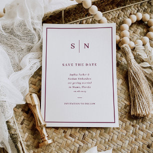 Minimal and Chic White and Burgundy Border Wedding Save The Date