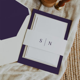 Minimal and Chic   White and Purple Monogram Invitation Belly Band