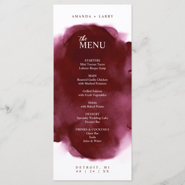 Minimal and Elegant Maroon Watercolor Menu Card (Front)
