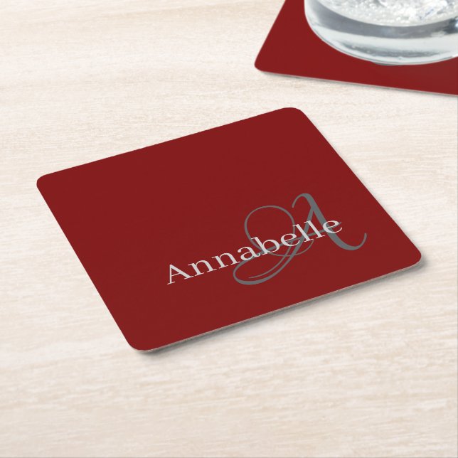 Minimal And Simple Red Monogram and Name Square Paper Coaster (Angled)