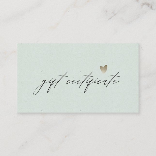 Minimal Aqua Script Silver Heart Gift Certificate (Front)