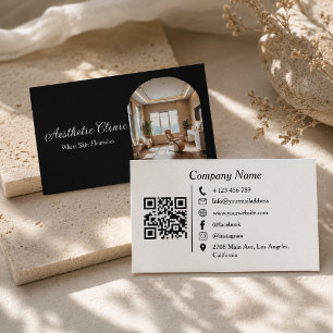 Minimal Arch Aesthetic Clinic QR Code Black White Business Card