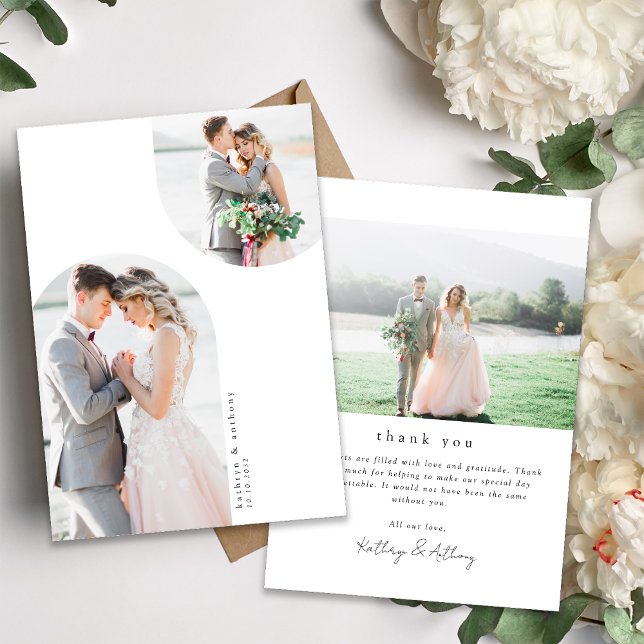 Minimal Arch Curve Multi Photo Wedding Thank You Card (Creator Uploaded)