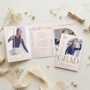 Minimal Arch Grad Photo Collage Graduation Party Tri-Fold Invitation