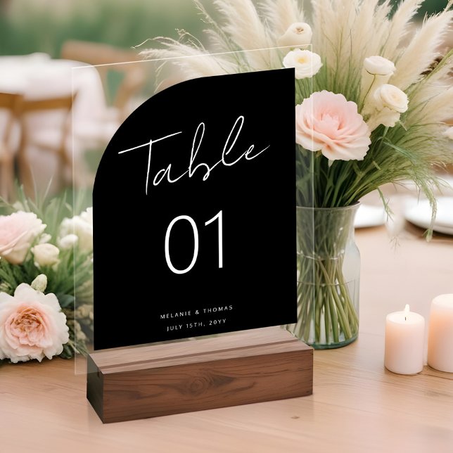 Minimal Arch Shape Brush Script Black Table Number Acrylic Sign (Minimal Arch Shape Brush Script Black Table Number Acrylic Sign)