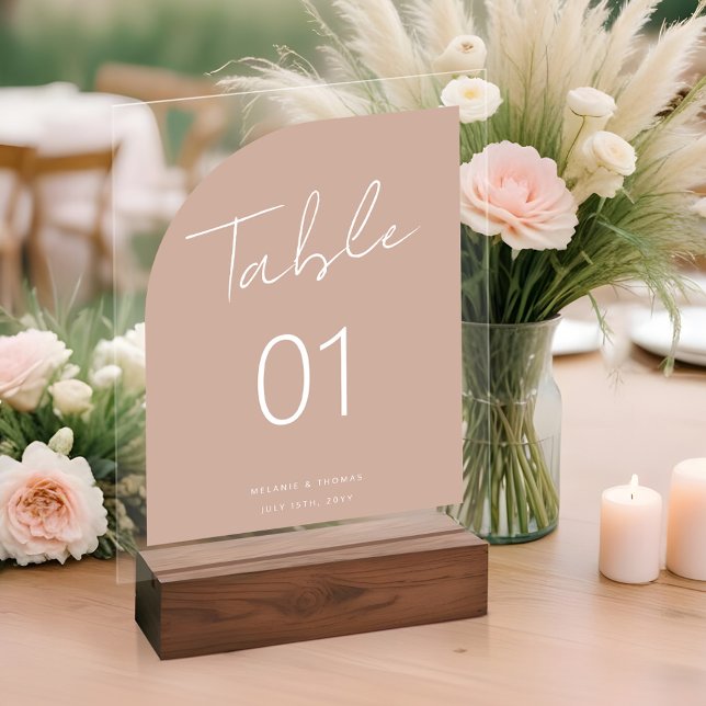 Minimal Arch Shape Brush Script Blush Table Number Acrylic Sign (Minimal Arch Shape Brush Script Blush Table Number Acrylic Sign)