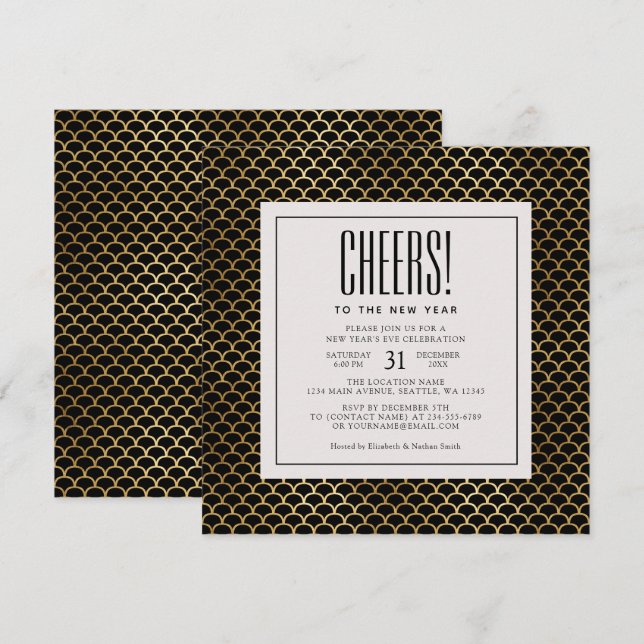 Minimal Art Deco Gold Cheers New Year's Eve Party Invitation (Front/Back)