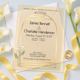 Minimal Art Nouveau Gold Arch Lily Wedding Yellow Acrylic Invitations