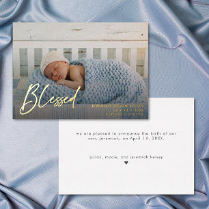 Minimal Baby Blessed Photo Birth Announcement