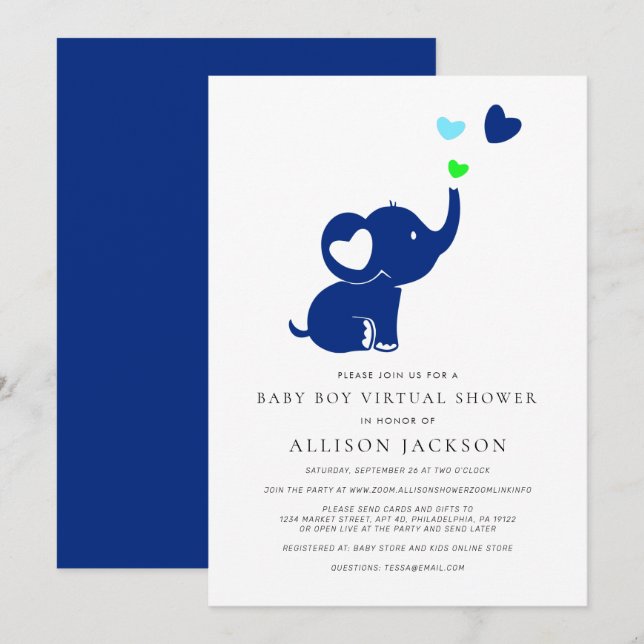 Minimal Baby Boy Virtual Shower Blue Elephant Invitation (Front/Back)