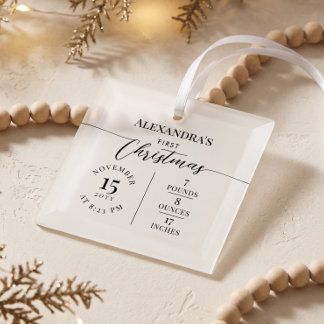 Minimal Baby First Christmas Birth Stats Keepsake Glass Ornament