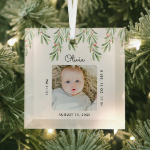 Minimal Baby Name & Birth Stats Photo Keepsake Glass Ornament