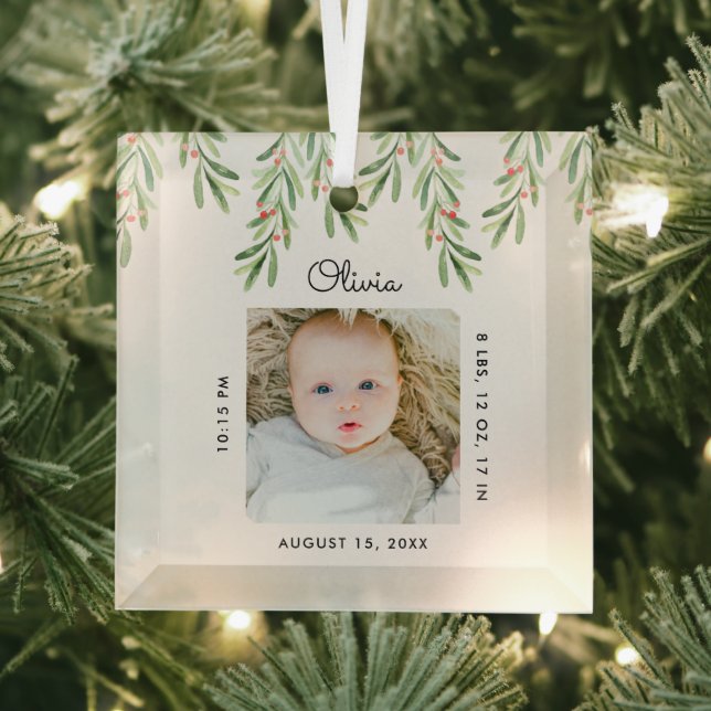 Minimal Baby Name & Birth Stats Photo Keepsake Glass Ornament (Insitu)