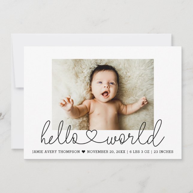 Minimal Baby Photo Hello World Modern heart script Announcement (Front)