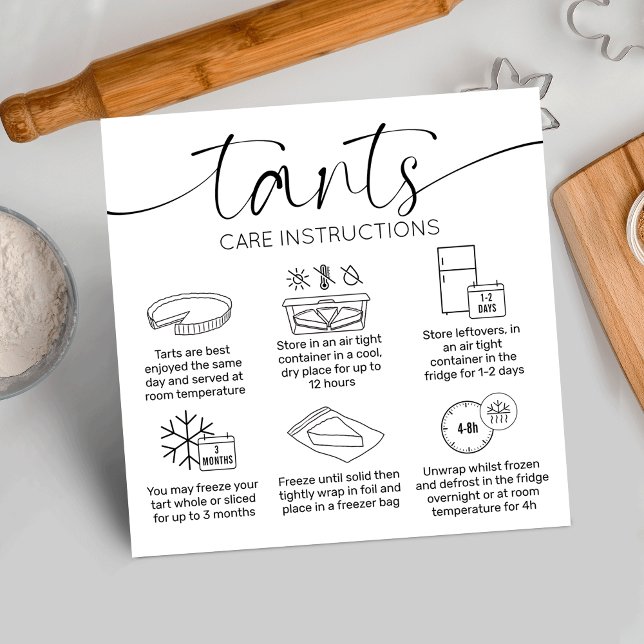 Minimal Bakery Quiche Pie Tarts Care Instructions Square Business Card (Modern tarts care and storage instructions cards with icons and elegant fonts)