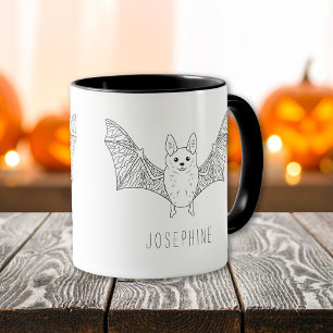 Minimal Bat Line Art With Custom Name Halloween Mug