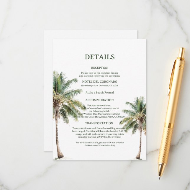 Minimal Beach Palm Trees Wedding Details Card (Front/Back In Situ)
