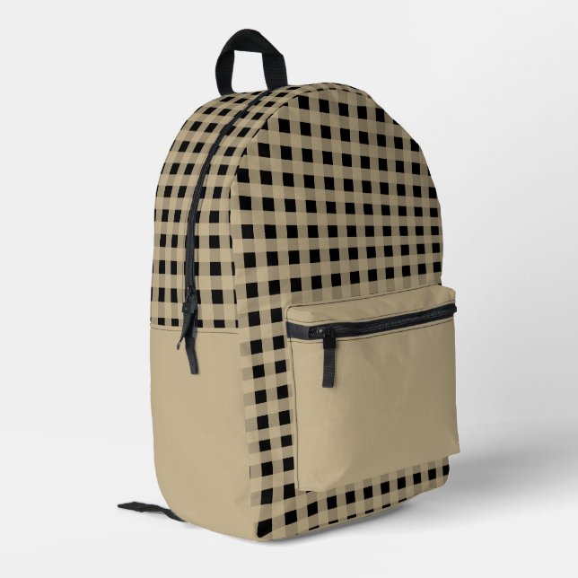 Minimal Beige and Black Plaid Pattern Printed Backpack (Back Corner Left)