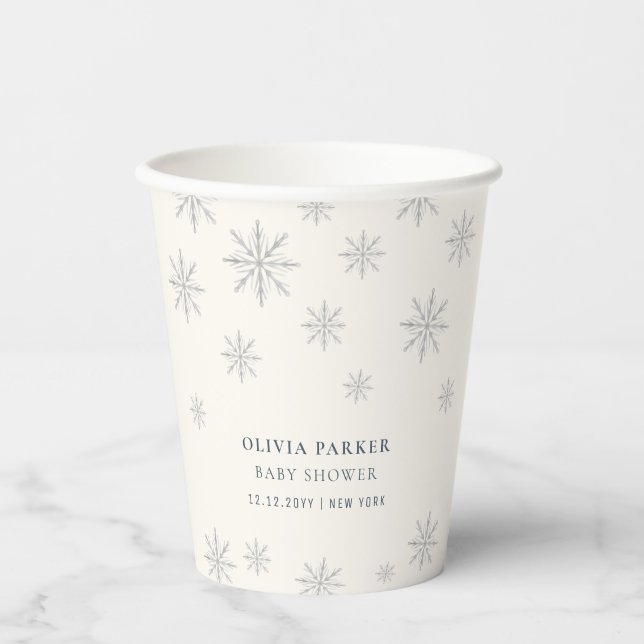 Minimal Beige Boho Winter Snowflake Baby Shower  Paper Cups (Front)