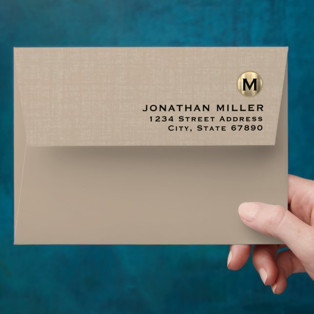 Minimal Beige Linen Gold Monogram Return Address Envelope (Hand)