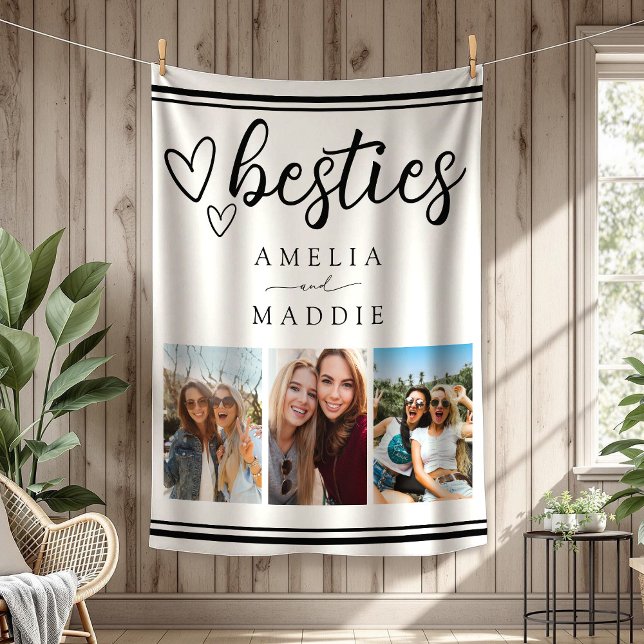 Minimal Besties Photo Collage Black and White  Fleece Blanket (Minimal Besties Photo Collage Black and White Fleece Blanket)