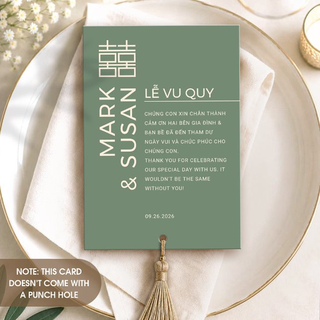 Minimal Bilingual Vietnamese Wedding Green Thank You Card (Creator Uploaded)