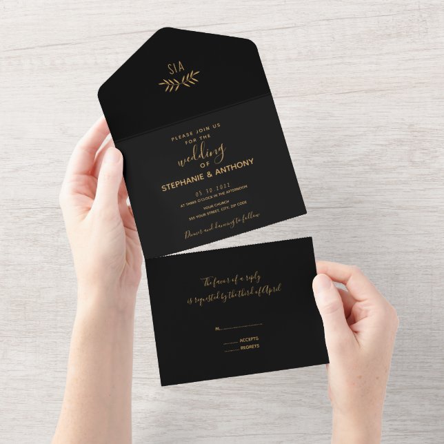 Minimal Black and Gold Branch Calligraphy Wedding All In One Invitation (Tearaway)