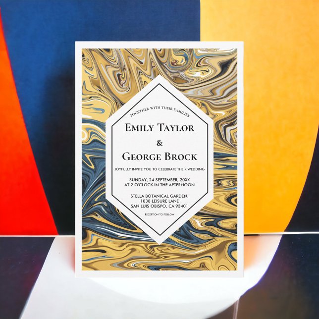 Minimal Black And Gold Waves Abstract Art Wedding Invitation (Creator Uploaded)