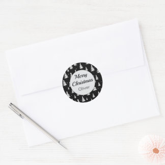 Minimal Black and White Christmas Tree Classic Round Sticker