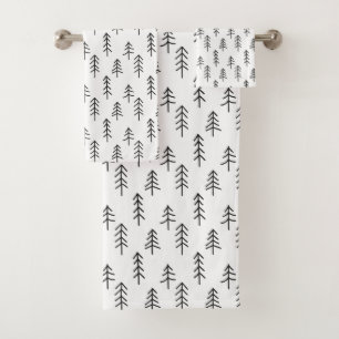 Minimal Black and White Festive Pine Trees Pattern Bath Towel Set