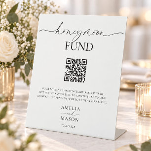 Minimal Black and White Honeymoon Fund QR Code Pedestal Sign