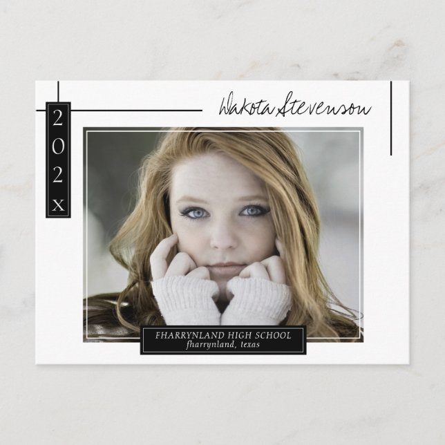 Minimal Black and White Lines Graduation Photo Postcard (Front)