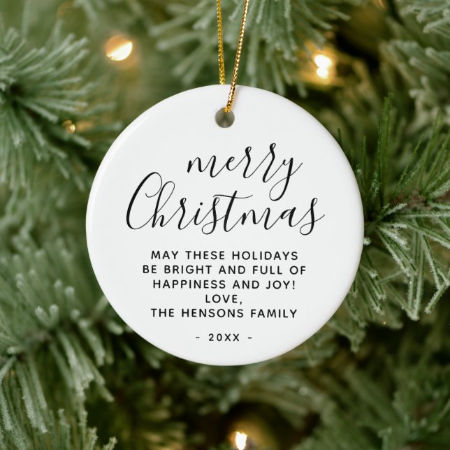 Minimal Black and White Merry Christmas Script Ceramic Ornament (Tree)