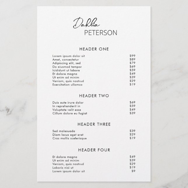 Minimal Black and White Modern Business Price List Flyer (Front)