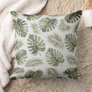 Minimal Black and White  Monstera Palm Leaves Throw Pillow