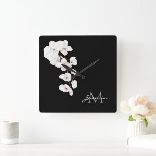 Minimal Black and White Orchid Monogram Square Wall Clock