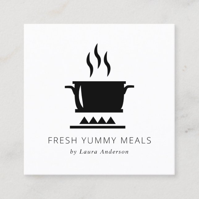 MINIMAL BLACK AND WHITE POT MEAL CHEF CATERING SQUARE BUSINESS CARD (Front)