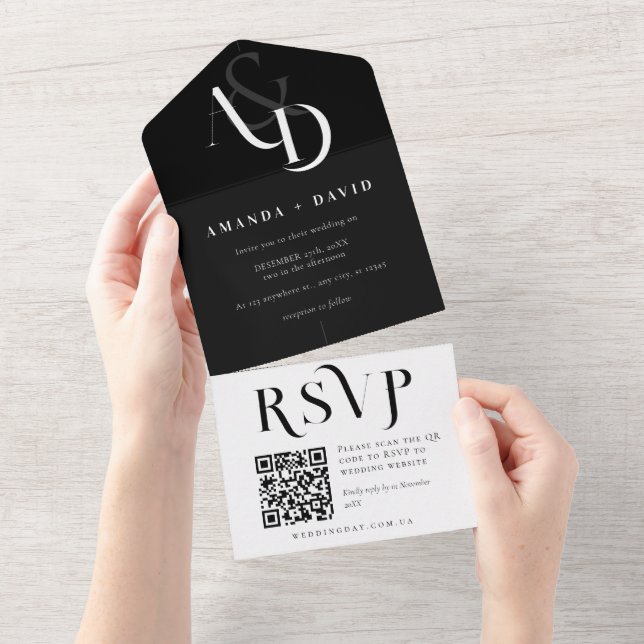 Minimal Black and White QR Code Wedding  All In One Invitation (Tearaway)