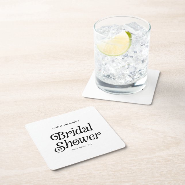 Minimal  Black and White Retro Bridal Shower Square Paper Coaster (Insitu)
