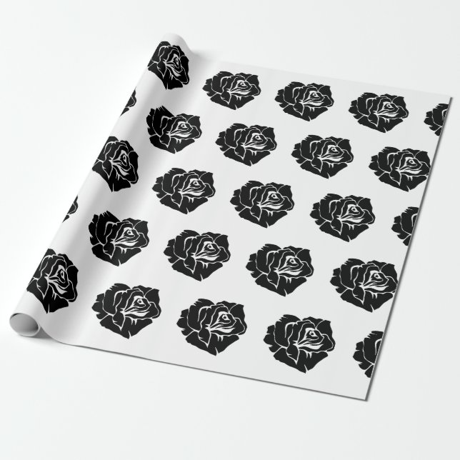 Minimal Black and White Rose Pattern Wrapping Paper (Unrolled)